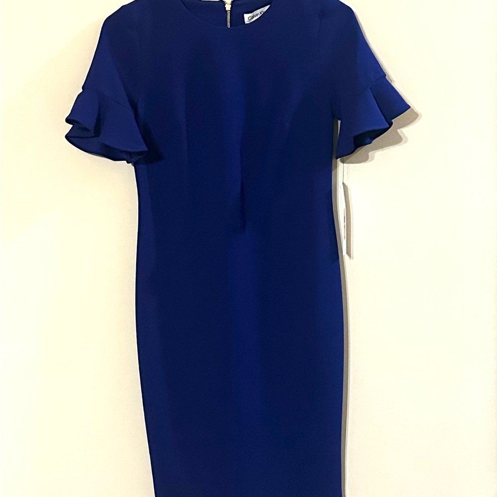 Calvin Klein Royal Blue Midi Dress with Ruffle Sleeves